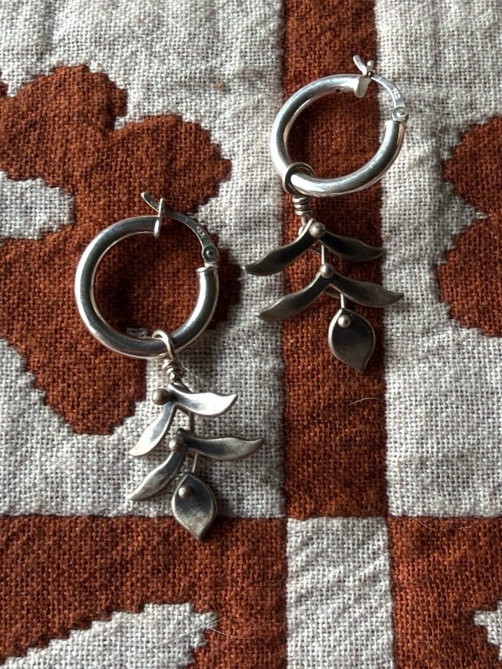 Handmade Silver Hoop Earrings with Leaf Charms